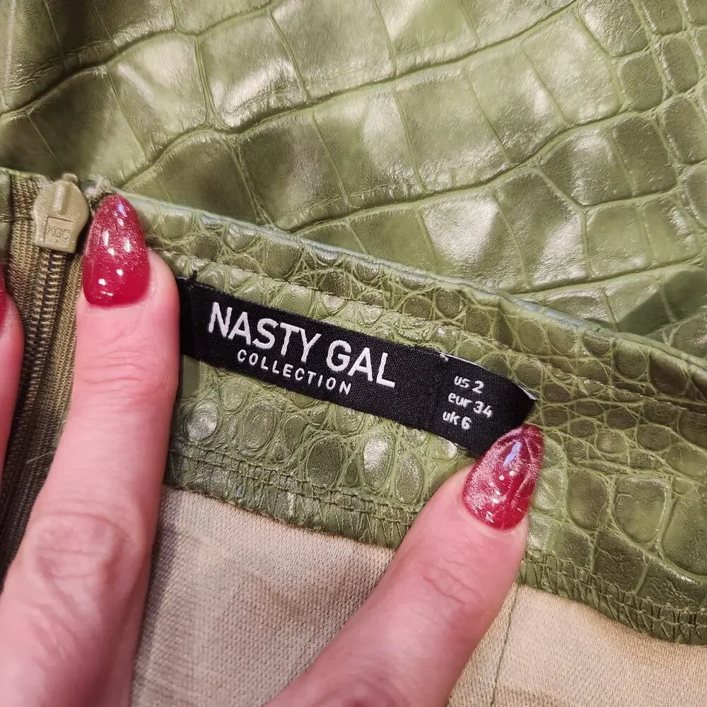 Nastygal Green Vinyl Crocodile Mini Skirt With Slot Sz 2 Faux Alligator Leather‎